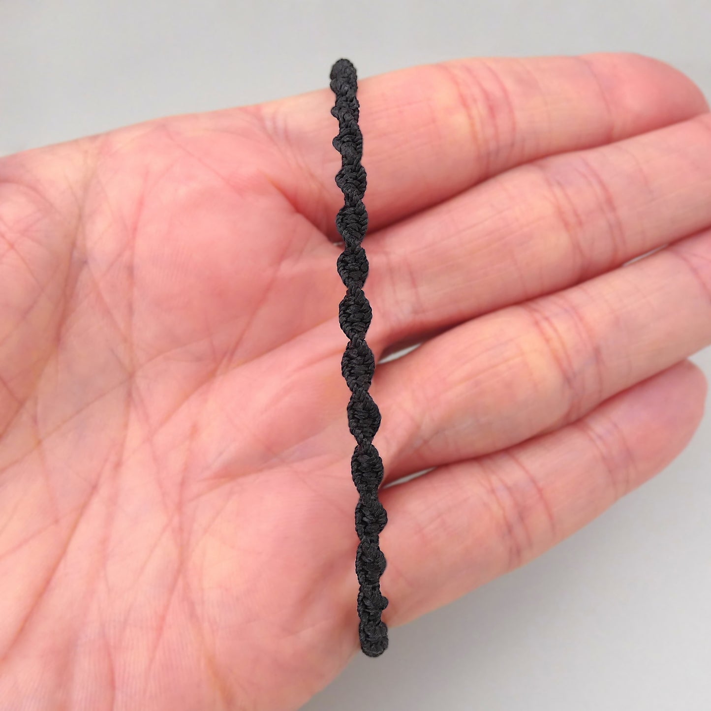 Black Macramé Bracelet – Handmade Spiral Knot Bracelet, Unisex Boho Jewellery, Adjustable Cord Gift from Cornwall UK